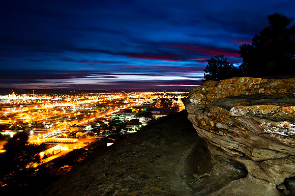 After Sunset on black otter trail including rimrocks and city skyline
