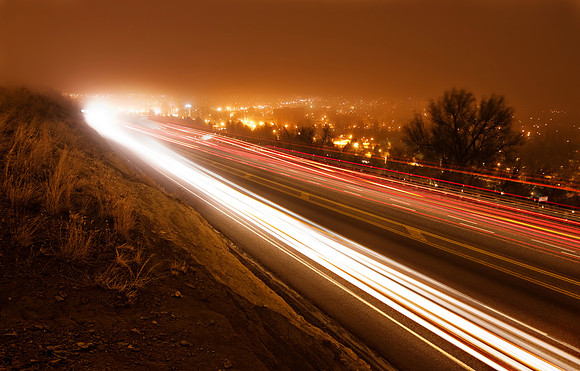 27th St traffic on foggy night