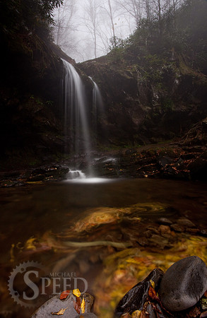 Leaves swirl around at the base of Grotto Falls.