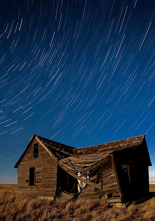 Startrails over old homestead near Molt, MT.