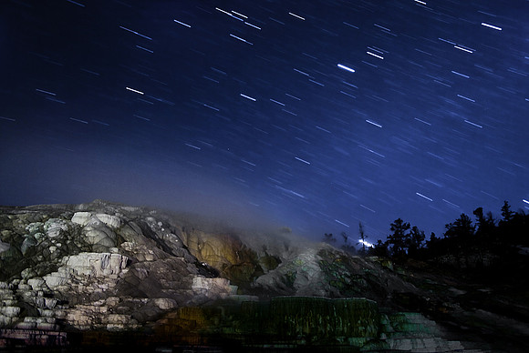 Stars over Mammoth hot springs.